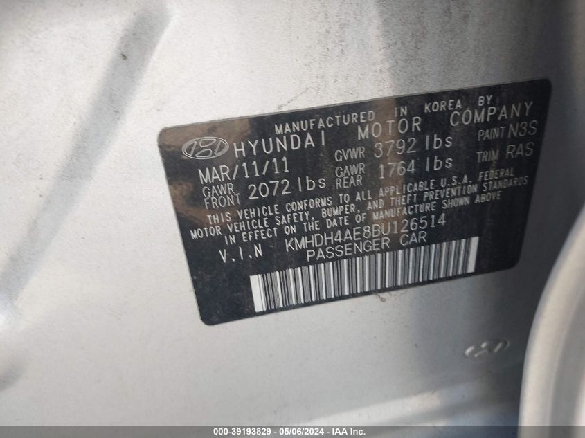 2011 Hyundai Elantra Gls (Ulsan Plant) VIN: KMHDH4AE8BU126514 Lot: 39193829