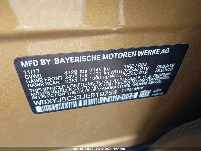 2018 BMW X2 VIN: WBXYJ5C33JEB19254