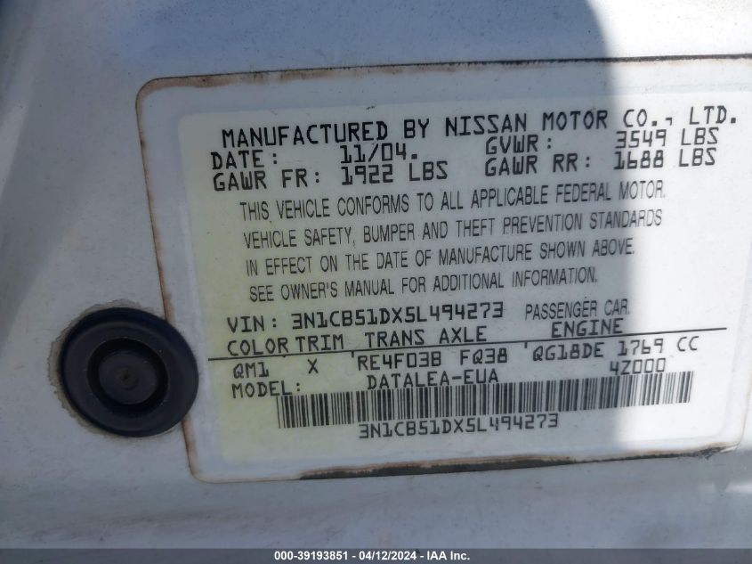 3N1CB51DX5L494273 | 2005 NISSAN SENTRA