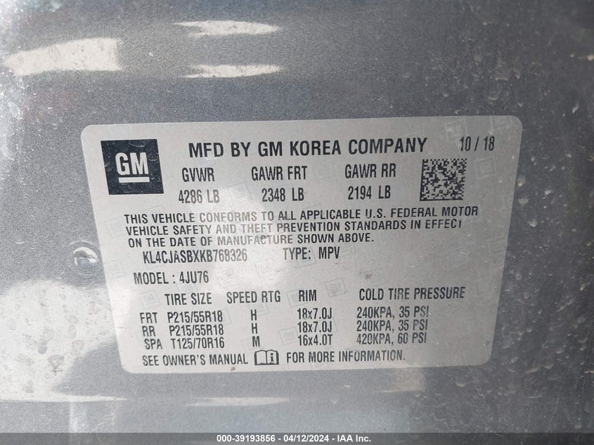 VIN KL4CJASBXKB768326 2019 BUICK ENCORE FWD PREFERRED