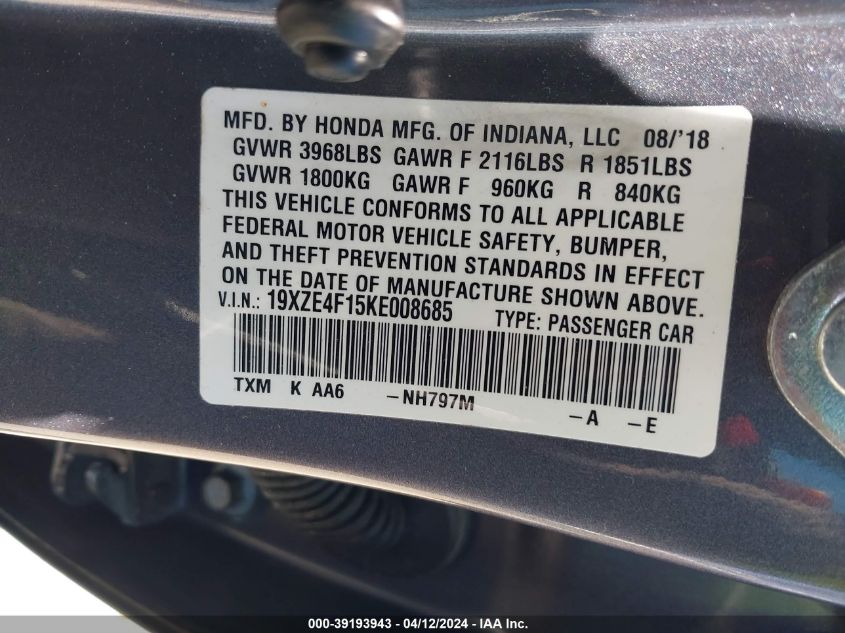 19XZE4F15KE008685 | 2019 HONDA INSIGHT