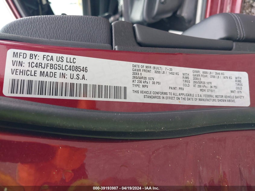 VIN 1C4RJFBG5LC408546 2020 JEEP GRAND CHEROKEE LIMITED X 4X4