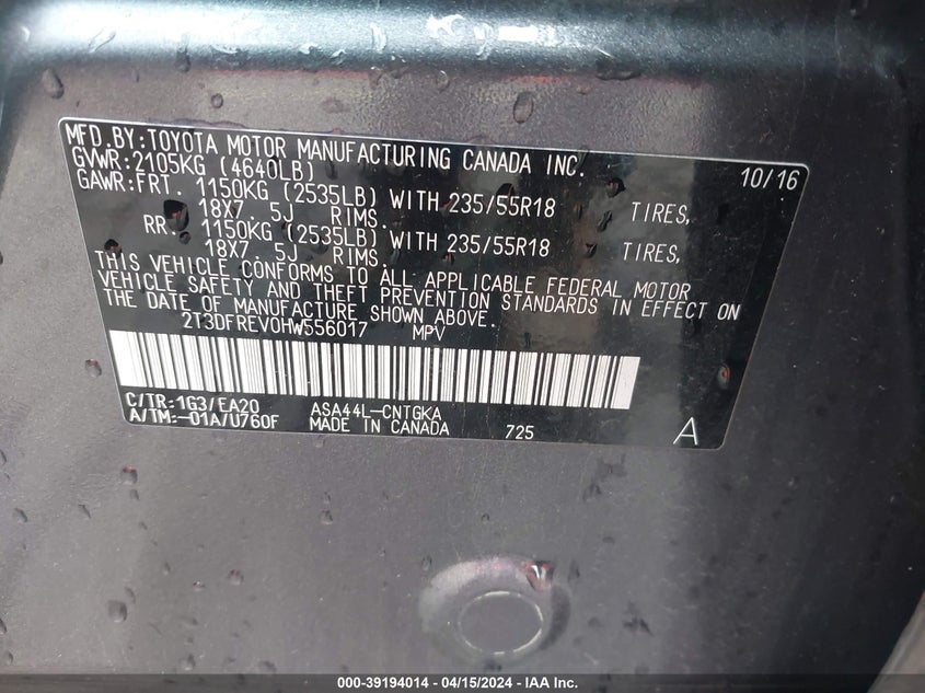 2017 TOYOTA RAV4 LIMITED/SE/PLATINUM - 2T3DFREV0HW556017