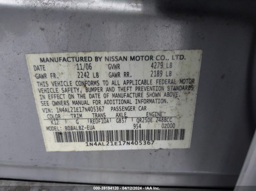 1N4AL21E17N405367 | 2007 NISSAN ALTIMA