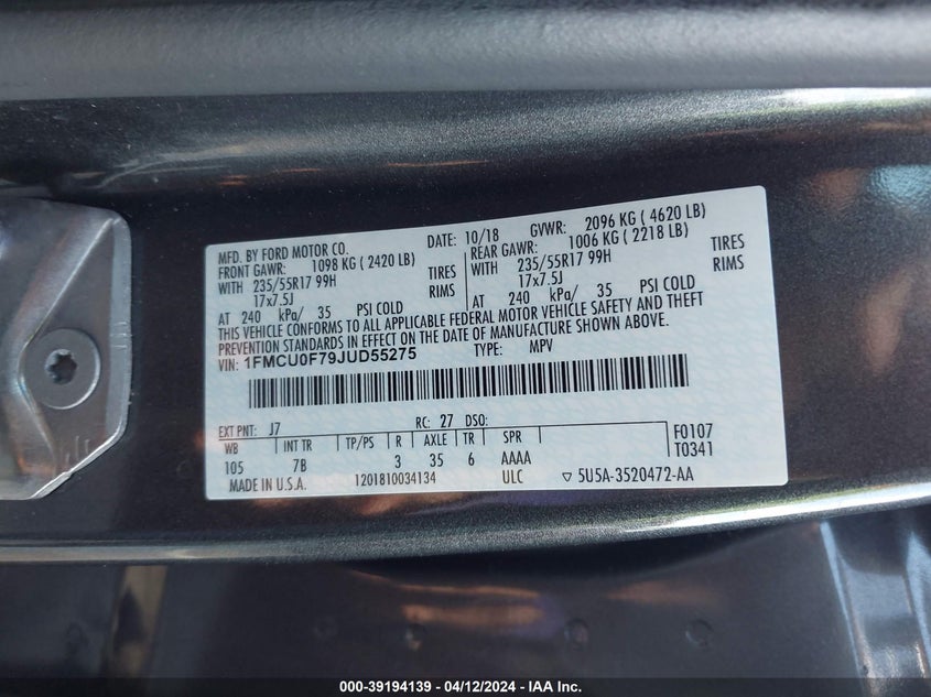 VIN 1FMCU0F79JUD55275 2018 FORD ESCAPE S