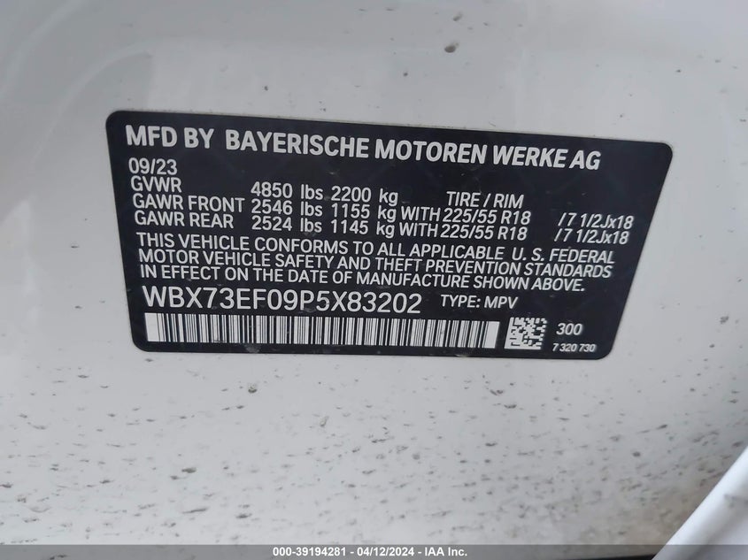 2023 BMW X1 VIN: WBX73EF09P5X83202