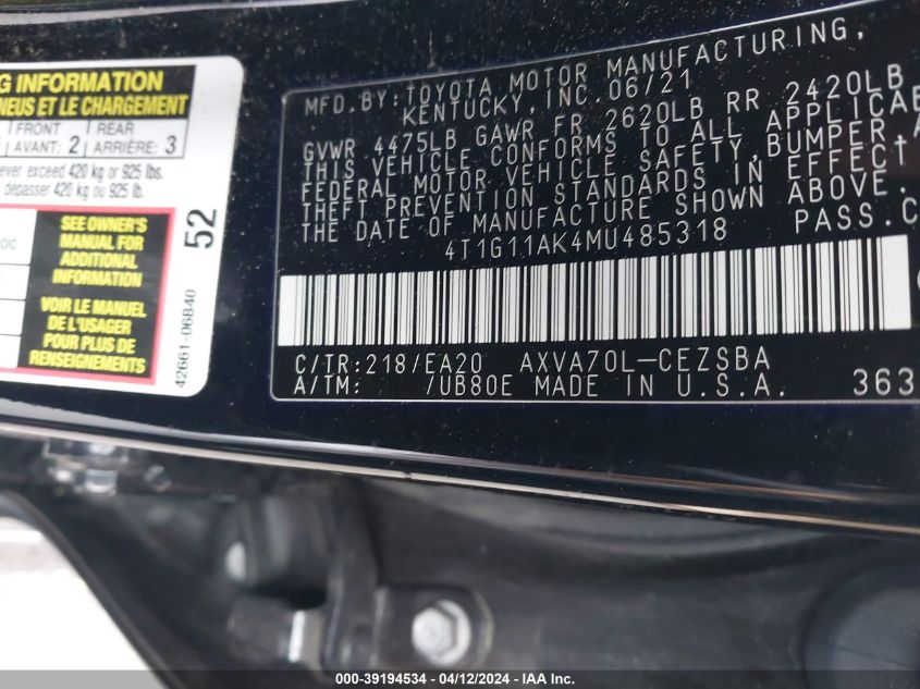 4T1G11AK4MU485318 | 2021 TOYOTA CAMRY