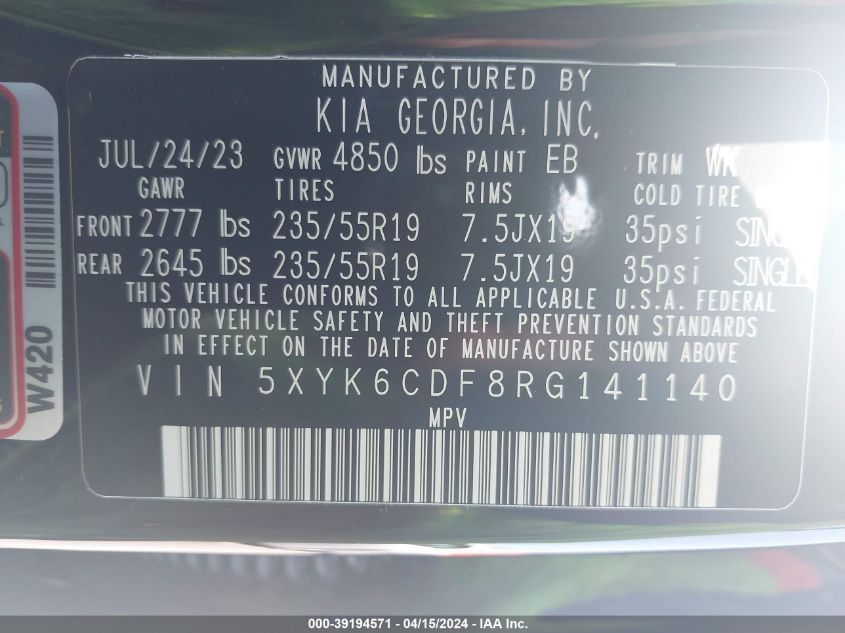 2024 Kia Sportage X-Line VIN: 5XYK6CDF8RG141140 Lot: 39194571