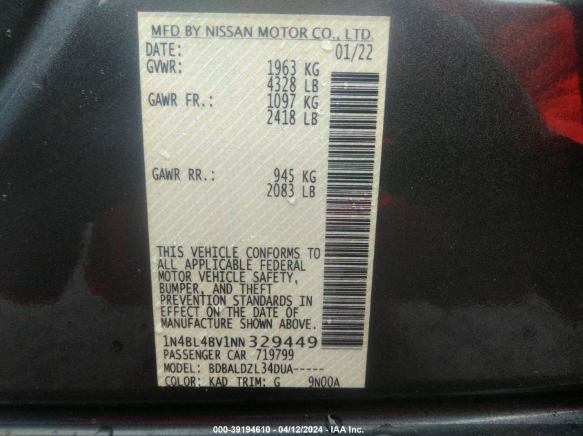 2022 Nissan Altima S Fwd VIN: 1N4BL4BV1NN329449 Lot: 39194610