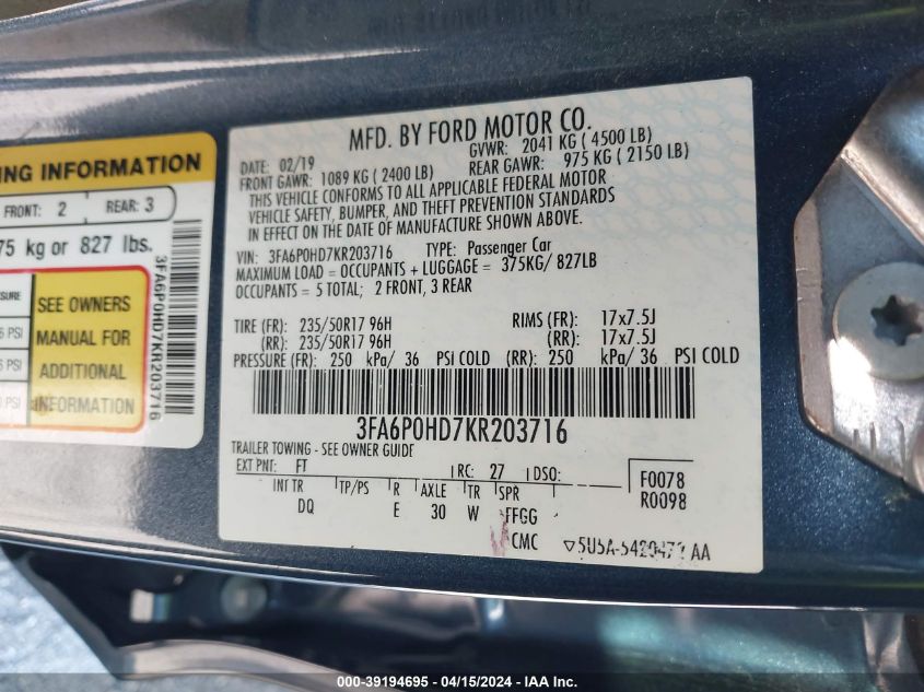 3FA6P0HD7KR203716 | 2019 FORD FUSION