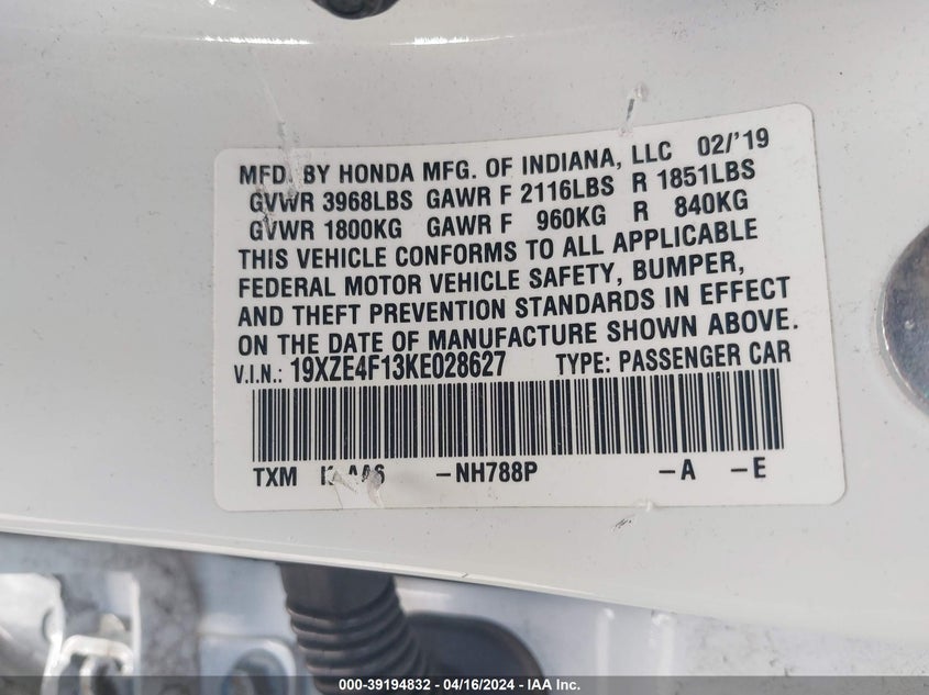 2019 HONDA INSIGHT LX - 19XZE4F13KE028627