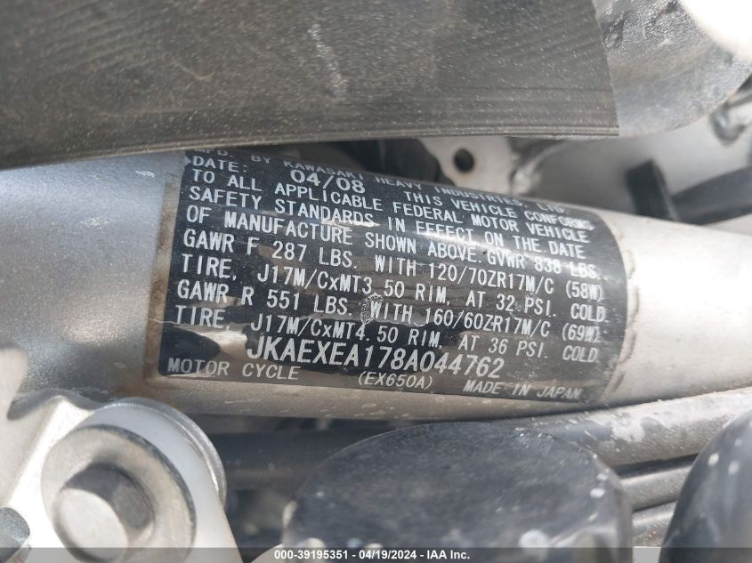 2008 Kawasaki Ex650 A VIN: JKAEXEA178A044762 Lot: 39195351
