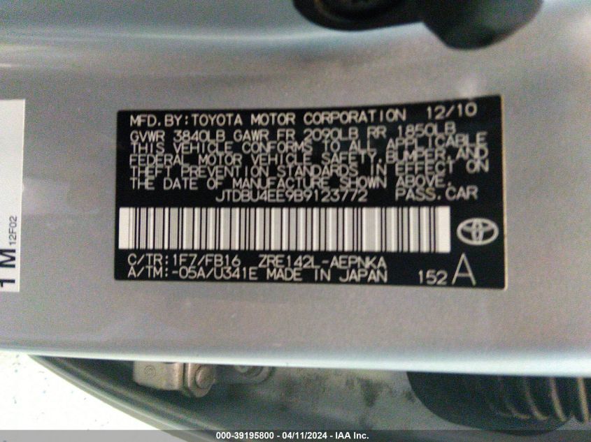 2011 Toyota Corolla Le VIN: JTDBU4EE9B9123772 Lot: 39195800