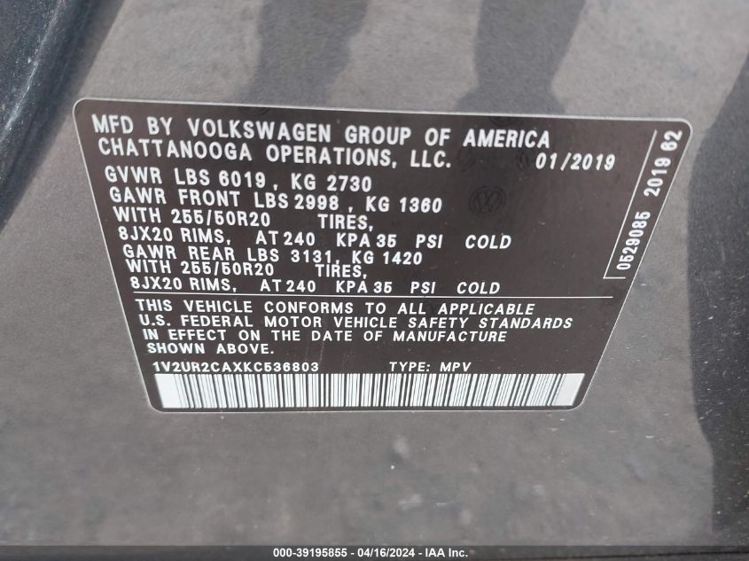 1V2UR2CAXKC536803 2019 Volkswagen Atlas 3.6L V6 Se W/Technology