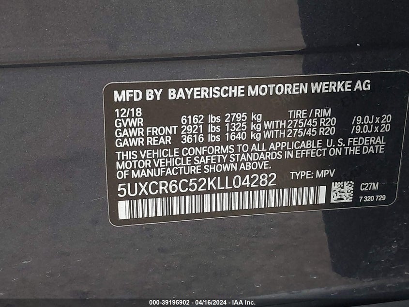 2019 BMW X5 VIN: 5UXCR6C52KLL04282