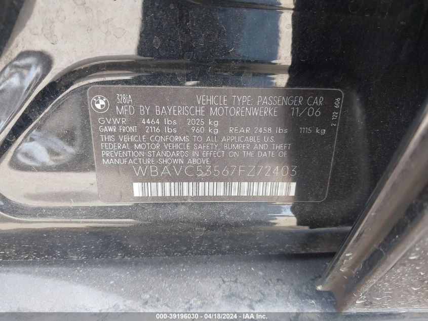 2007 BMW 328I VIN: WBAVC53567FZ72403 Lot: 39196030