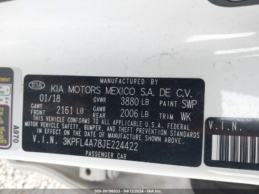 3KPFL4A78JE224422 | 2018 KIA FORTE