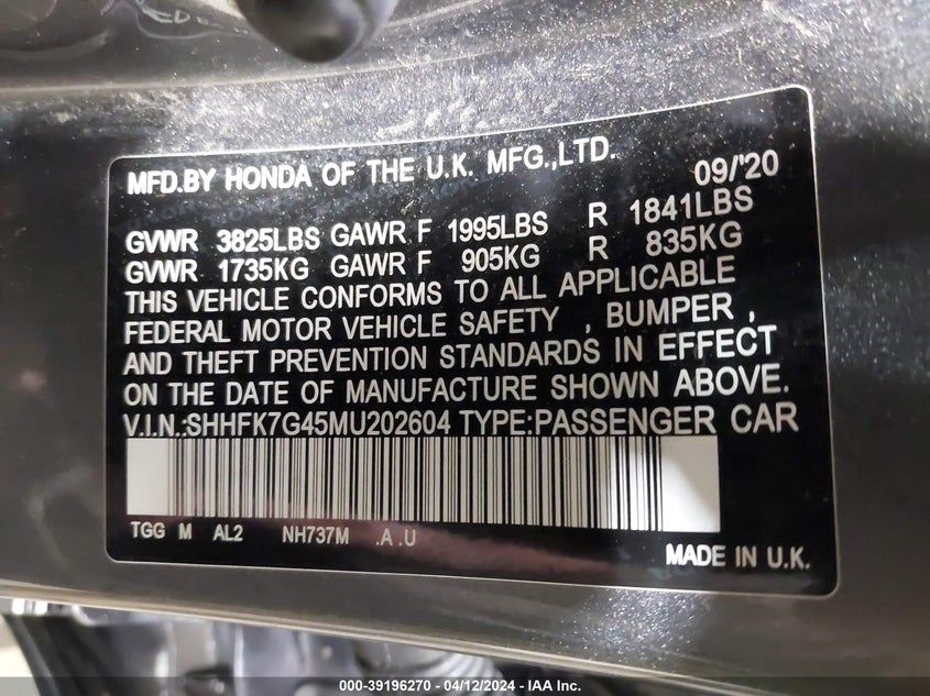 2021 HONDA CIVIC VIN: SHHFK7G45MU202604