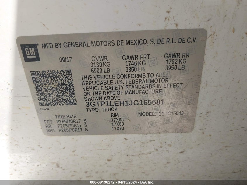 VIN 3GTP1LEH1JG165581 2018 GMC SIERRA 1500