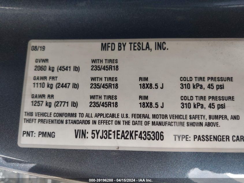 2019 Tesla Model 3 Long Range/Mid Range/Standard Range/Standard Range Plus VIN: 5YJ3E1EA2KF435306 Lot: 39196288