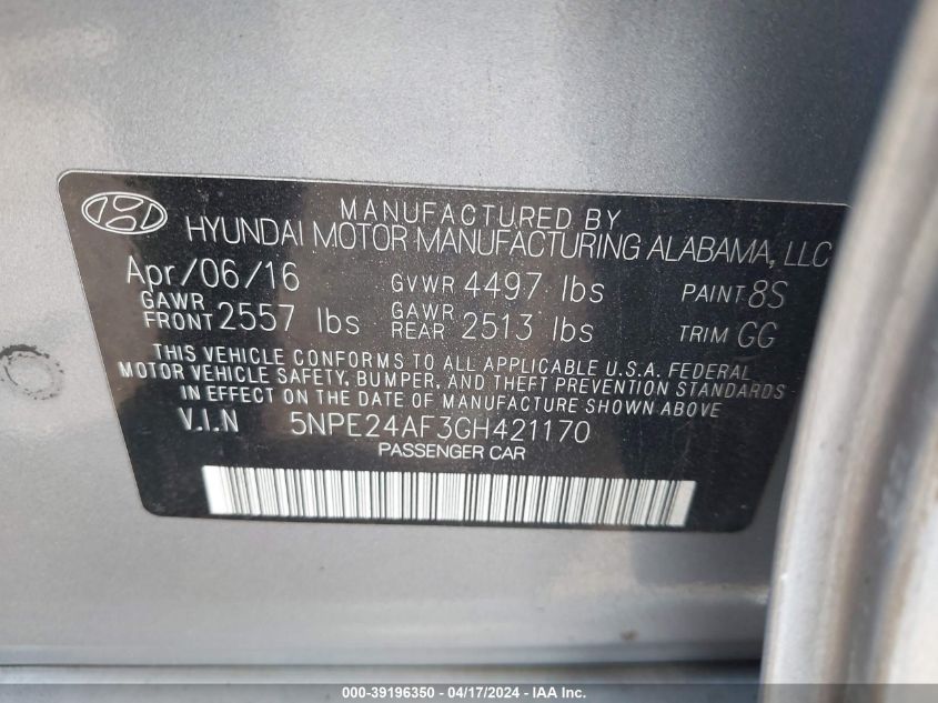 5NPE24AF3GH421170 | 2016 HYUNDAI SONATA