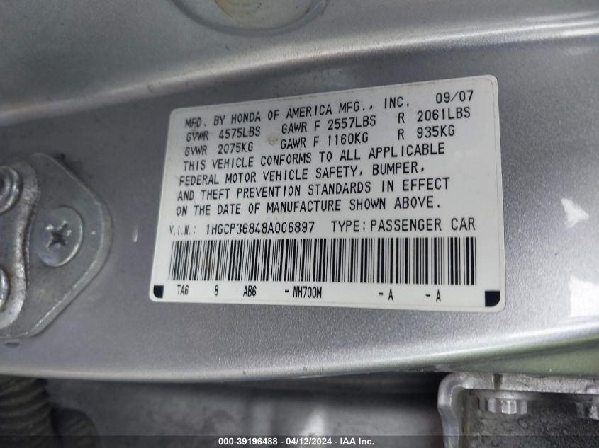 1HGCP36848A006897 | 2008 HONDA ACCORD