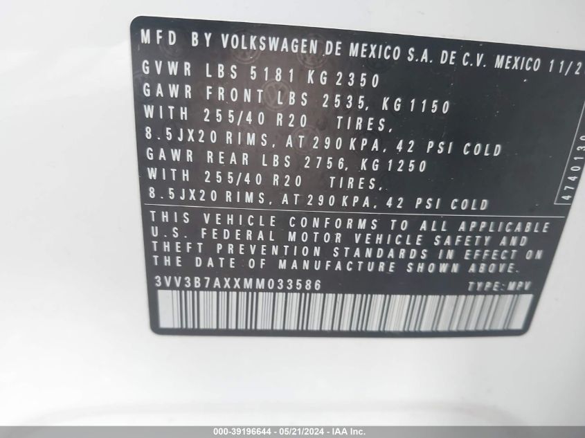 2021 Volkswagen Tiguan 2.0T Se/2.0T Se R-Line Black/2.0T Sel VIN: 3VV3B7AXXMM033586 Lot: 39196644