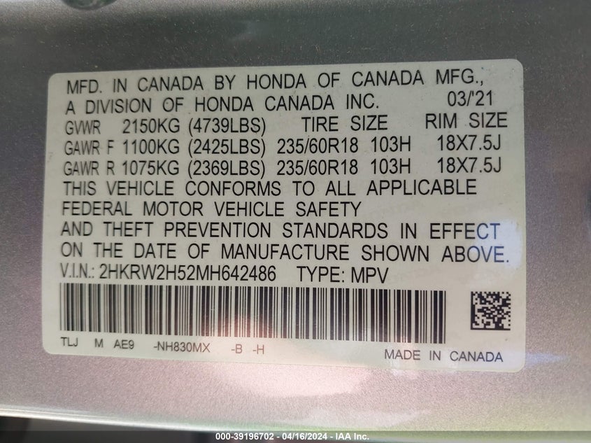 2021 HONDA CR-V AWD EX - 2HKRW2H52MH642486