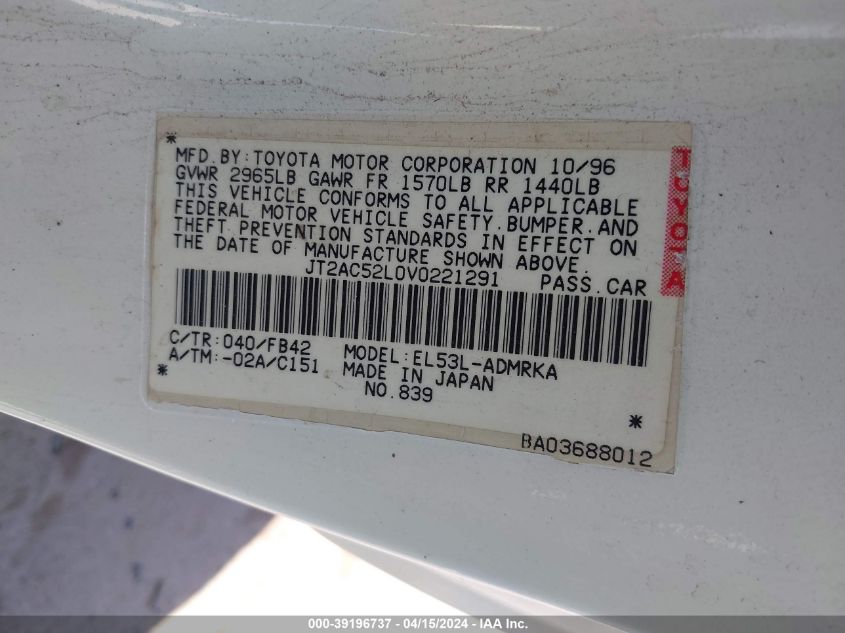 1997 Toyota Tercel Ce VIN: JT2AC52L0V0221291 Lot: 39196737