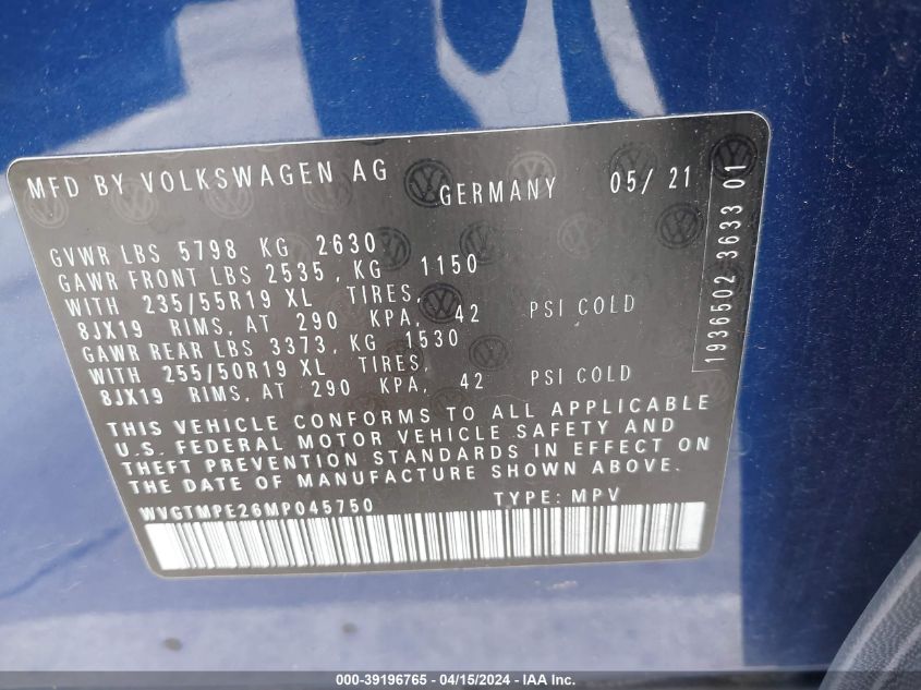 WVGTMPE26MP045750 2021 Volkswagen Id.4 Pro S