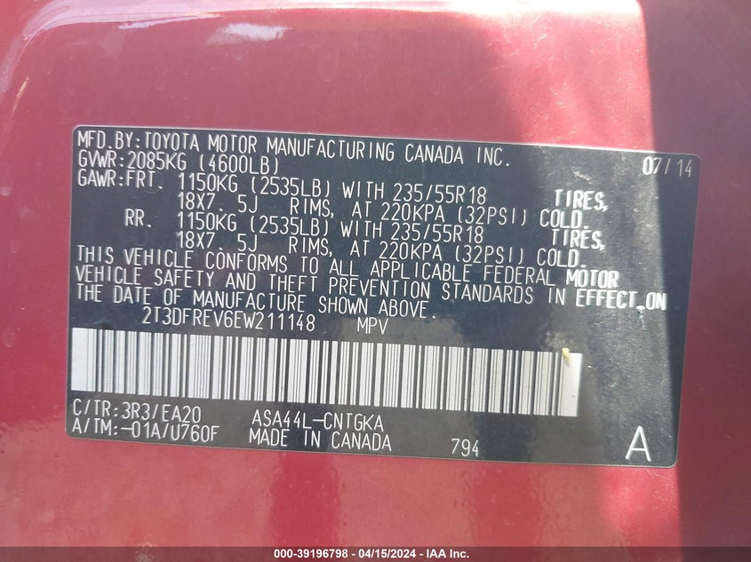 2014 TOYOTA RAV4 LIMITED - 2T3DFREV6EW211148