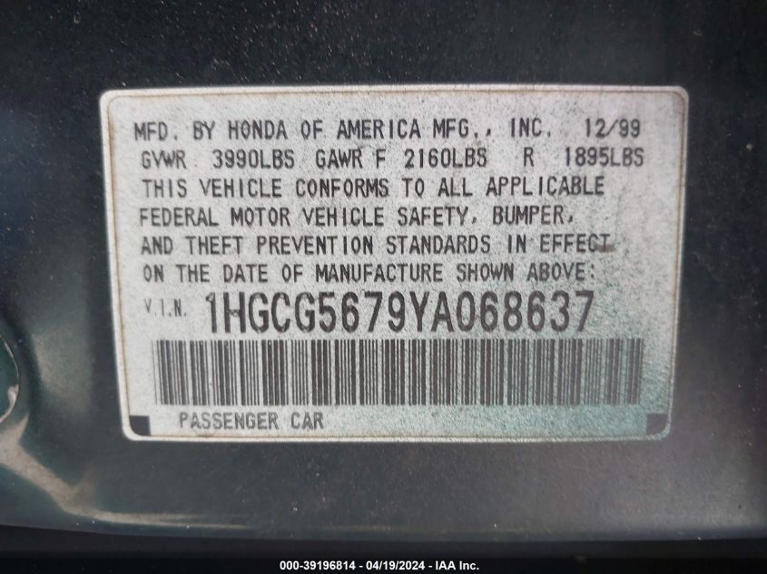 2000 Honda Accord 2.3 Se VIN: 1HGCG5679YA068637 Lot: 39196814
