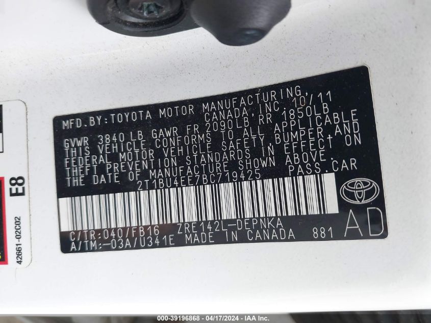 2T1BU4EE7BC719425 | 2011 TOYOTA COROLLA