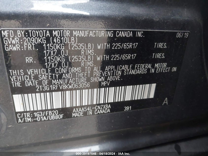 VIN 2T3G1RFV8KW063056 2019 TOYOTA RAV4 LE