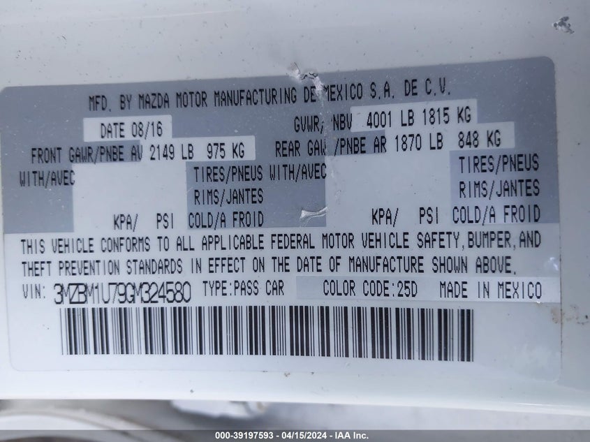 2016 MAZDA MAZDA3 I SPORT - 3MZBM1U79GM324580