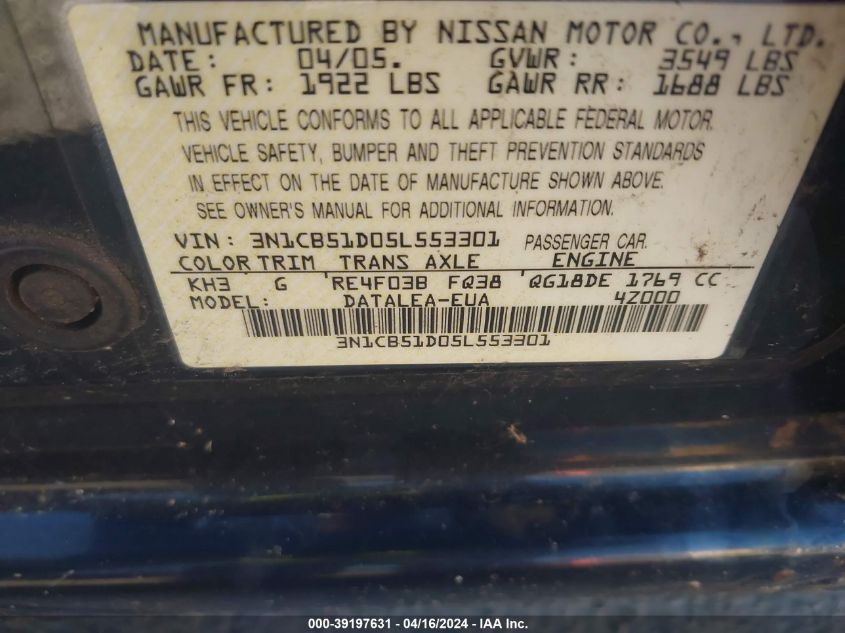 3N1CB51D05L553301 | 2005 NISSAN SENTRA