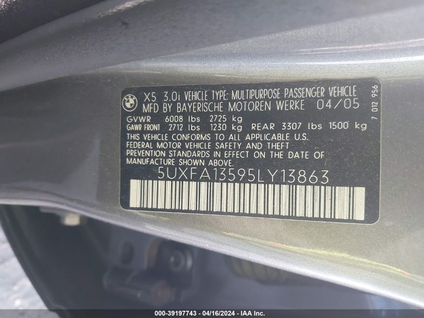2005 BMW X5 3.0I VIN: 5UXFA13595LY13863 Lot: 39197743