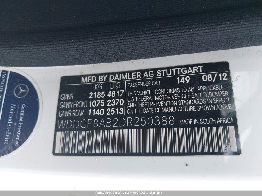 2013 Mercedes-Benz C 300 Luxury 4Matic/Sport 4Matic VIN: WDDGF8AB2DR250388 Lot: 39197858