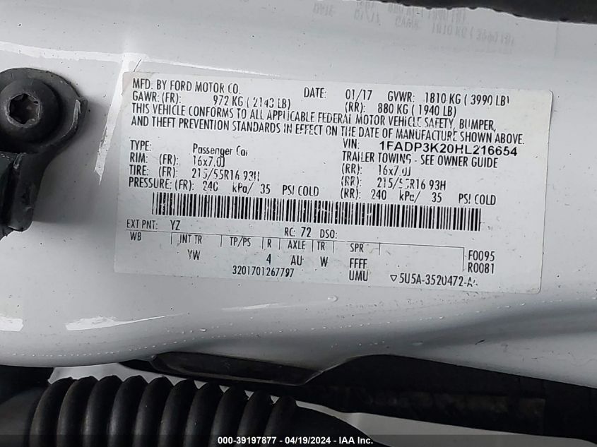 2017 Ford Focus Se VIN: 1FADP3K20HL216654 Lot: 39197877