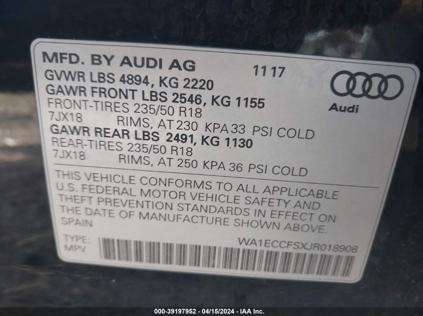 2018 AUDI Q3 PREMIUM - WA1ECCFSXJR018908