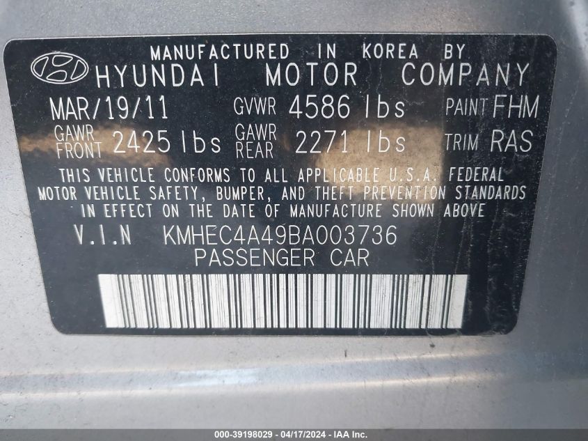 KMHEC4A49BA003736 | 2011 HYUNDAI SONATA HYBRID