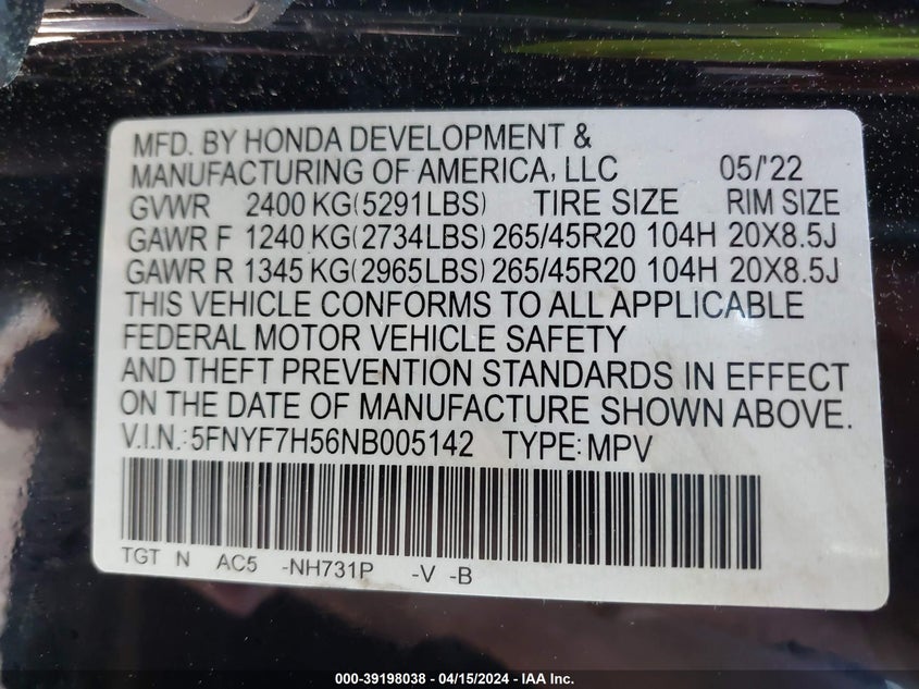 2022 HONDA PASSPORT EXL - 5FNYF7H56NB005142