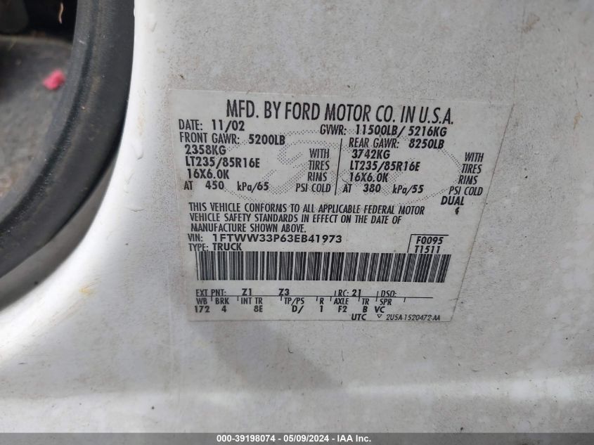 2003 Ford F-350 Lariat/Xl/Xlt VIN: 1FTWW33P63EB41973 Lot: 39198074