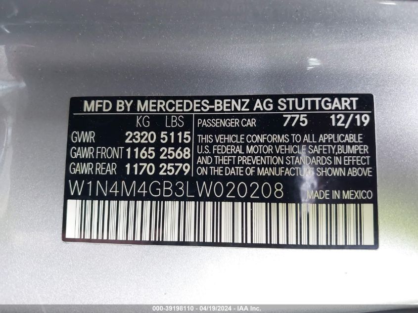 W1N4M4GB3LW020208 2020 Mercedes-Benz Glb 250