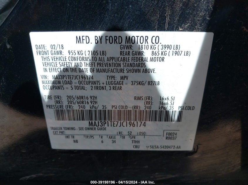 VIN MAJ3P1TE7JC196174 2018 FORD ECOSPORT SE