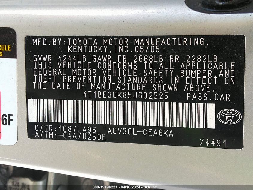 4T1BE30K85U602525 2005 Toyota Camry Xle