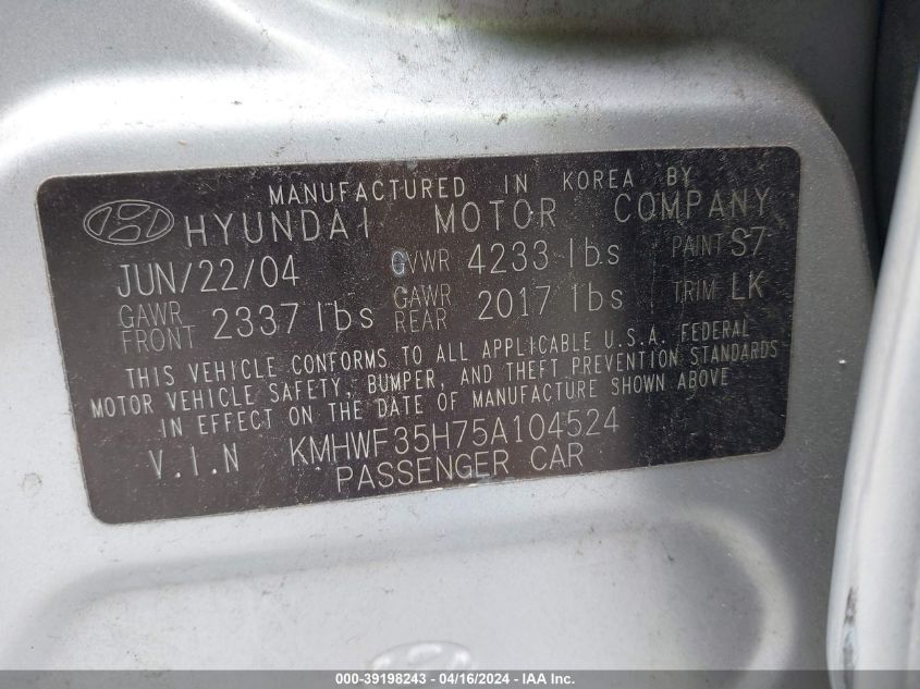 2005 Hyundai Sonata Gls/Lx VIN: KMHWF35H75A104524 Lot: 39198243