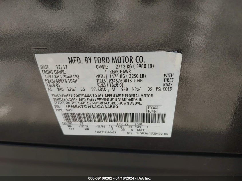 VIN 1FM5K7DH8JGA34569 2018 FORD EXPLORER XLT