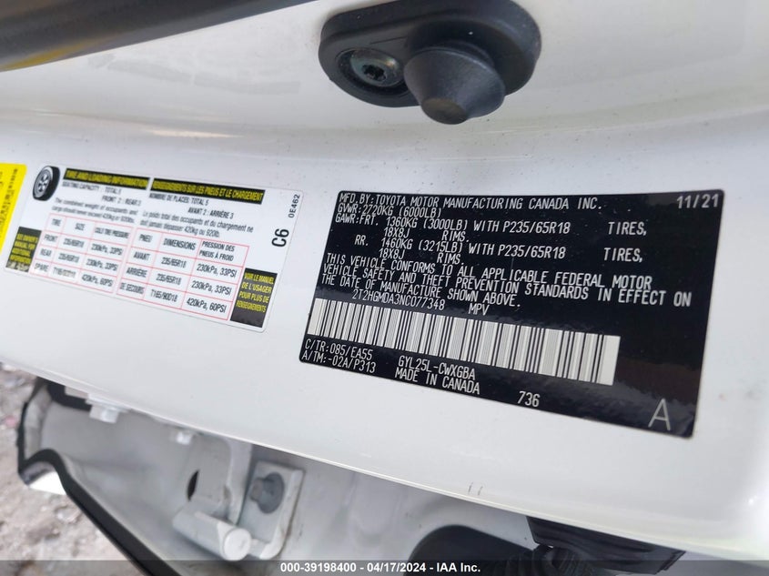 VIN 2T2HGMDA3NC077348 2022 LEXUS RX 450H