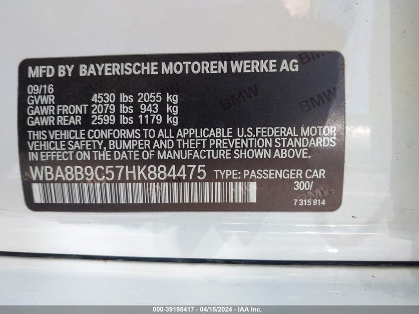 2017 BMW 330I - WBA8B9C57HK884475